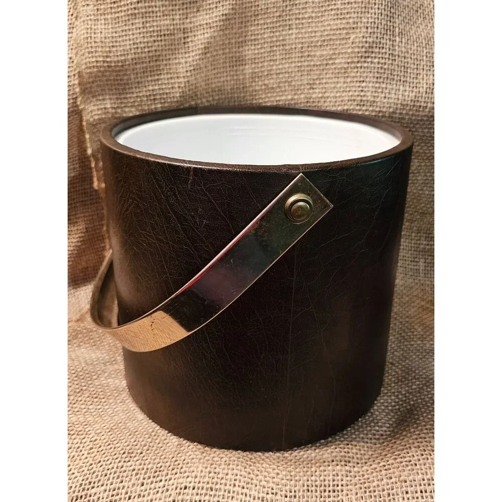 Vintage 1980's Ice Bucket Made in Italy #501 Laux Leather Gold Tone Metal Handle